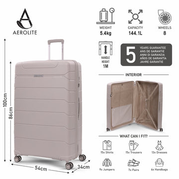 Aerolite 32” XL 144L Polypropylene (PP) Checked Luggage – Lightweight Extra Large Hard Shell Suitcase with 4 dual Spinner Wheels, TSA Lock & Waterproof Pocket – Cream